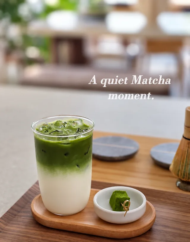 冰抹茶拿铁，配竹制茶筅和抹茶蕨饼