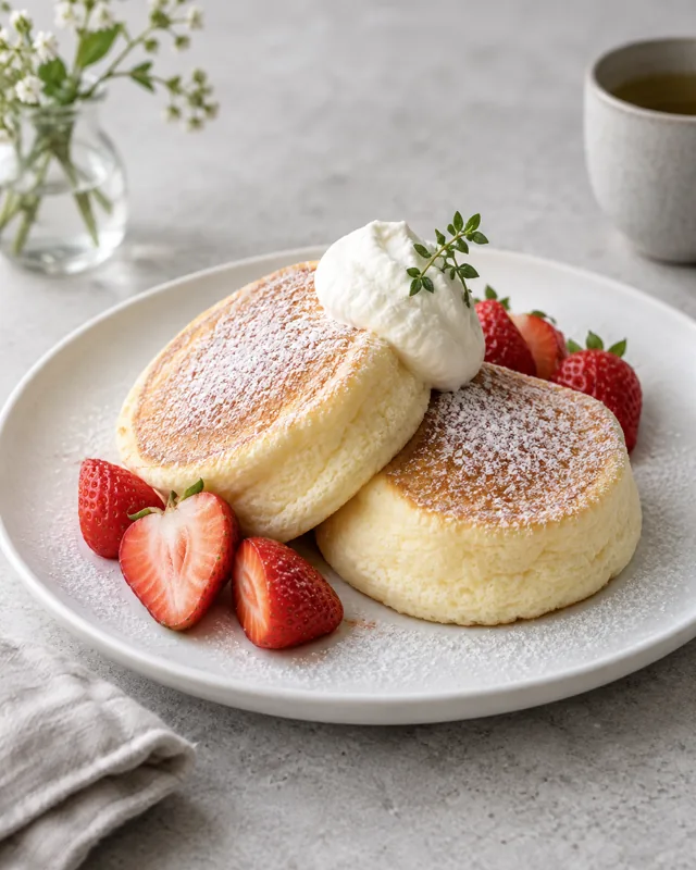 Illustrative serving of fluffy soufflé pancakes with cream and strawberries